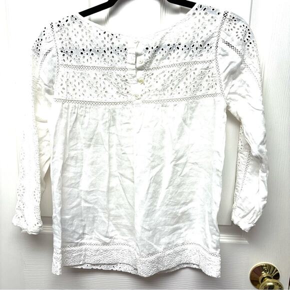 J.Crew White Linen Blouse, Eyelet Shirt, Boho Top, Size 0 - Picture 3 of 10